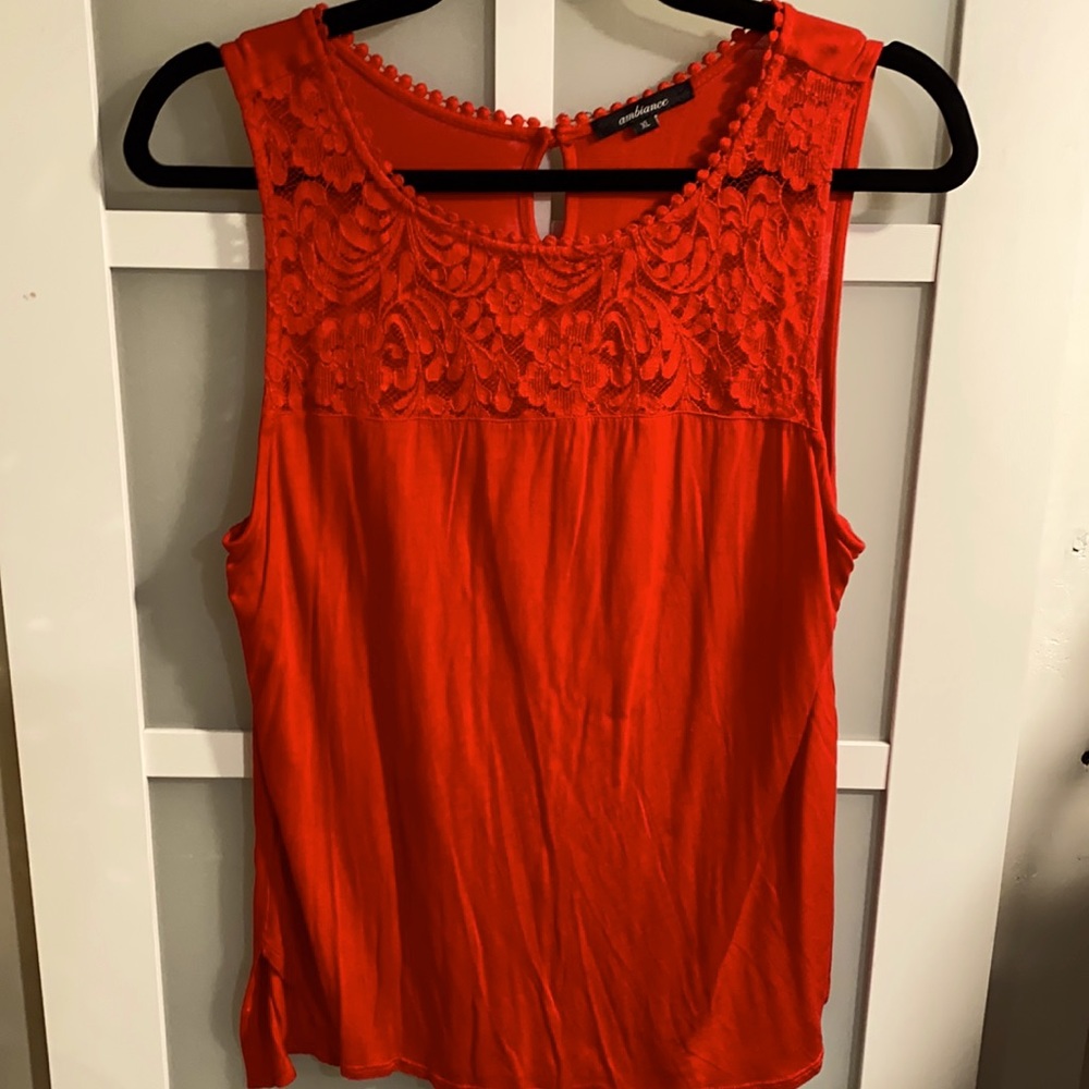 Red tank with lace accent and keyhole back